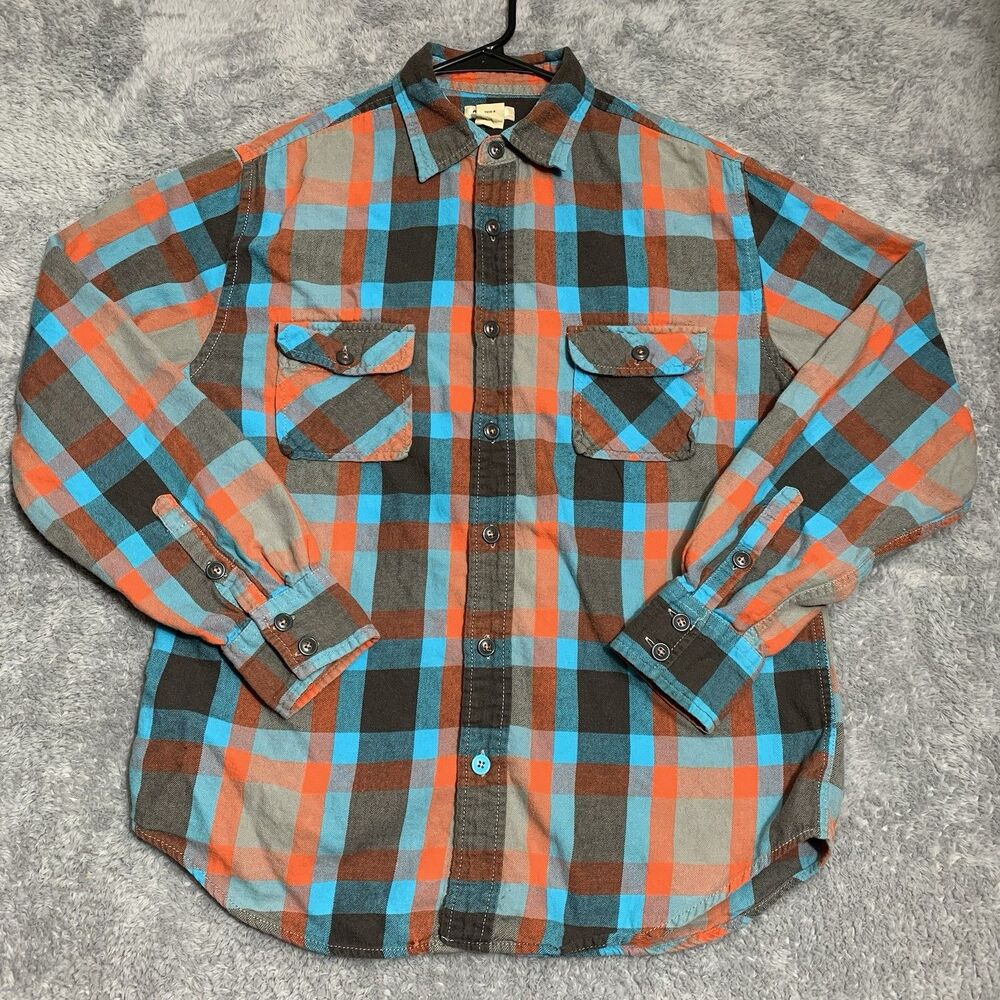 Arizona Jean Co Flannel Shirt Mens Medium Orange Blue Plaid Long Sleeve Cotton